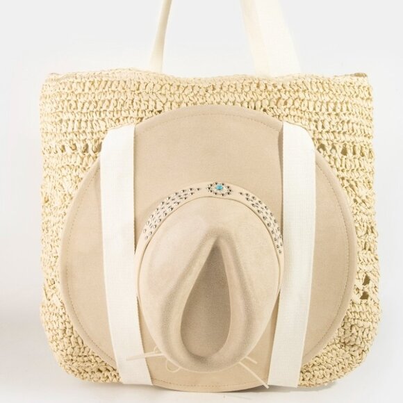 NWT Fame Large Straw Braided Tote Bag with Hat Holder - Picture 2 of 5